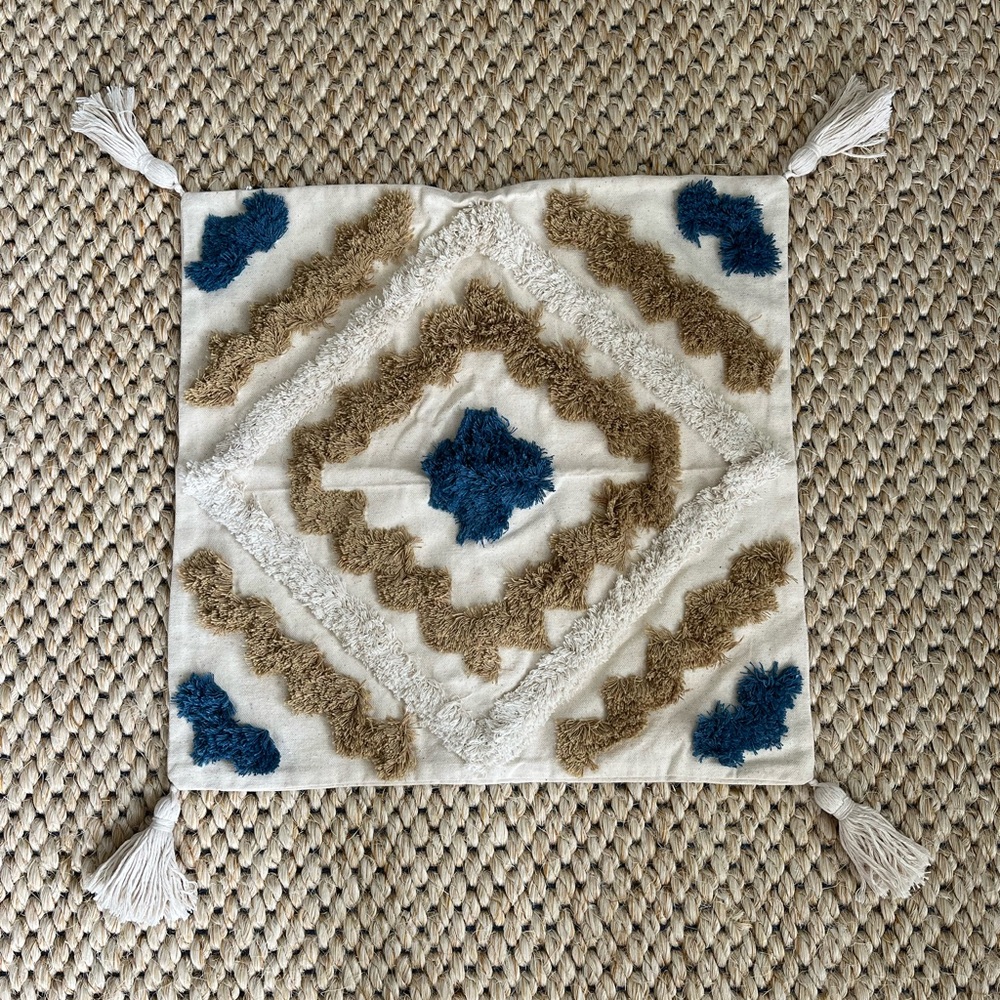 Boho Shabby Chic Coastal Blue Old Ecru 18x18 Decorative Pillow Case